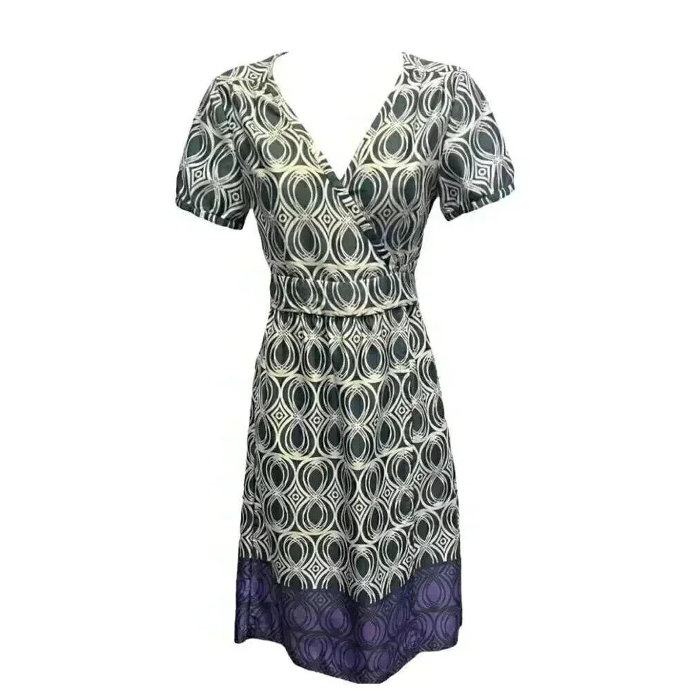 Banana Republic Women's White/Black/Purple Poly Print Short Sleeve Wrap Dress